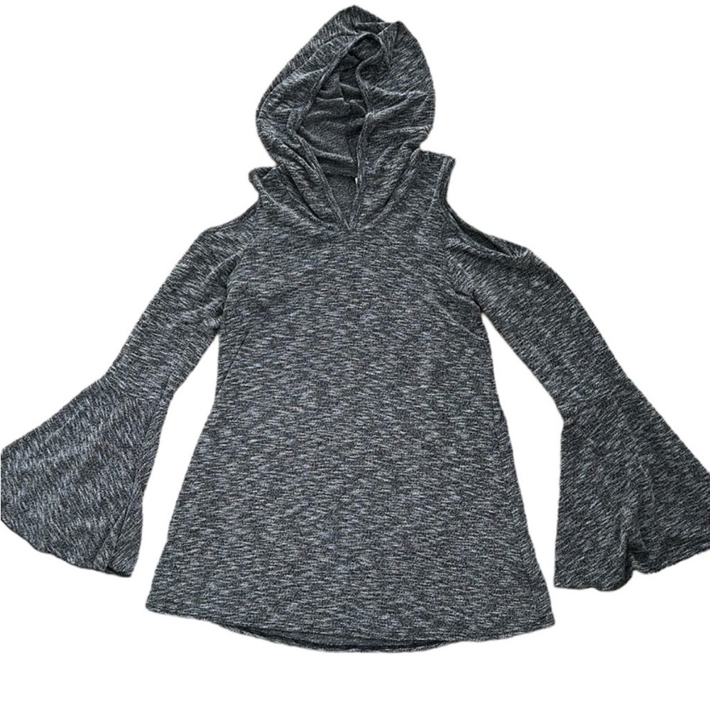 ELAN Bell Sleeve Hooded Cold Shoulder Soft Lightweight Grey Tunic Size L